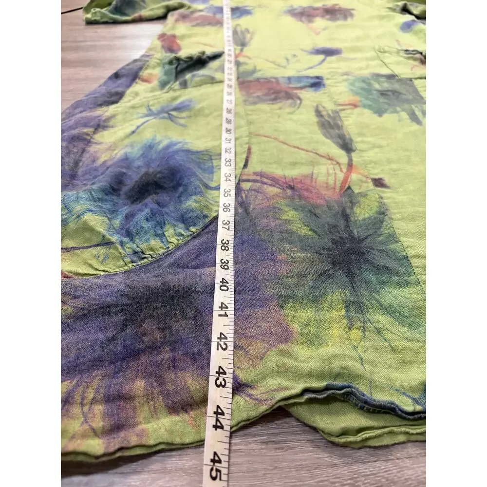 Green 100% Italian Linen Watercolor Floral Lagenlook Hobo Grunch Dress 0S Bubble